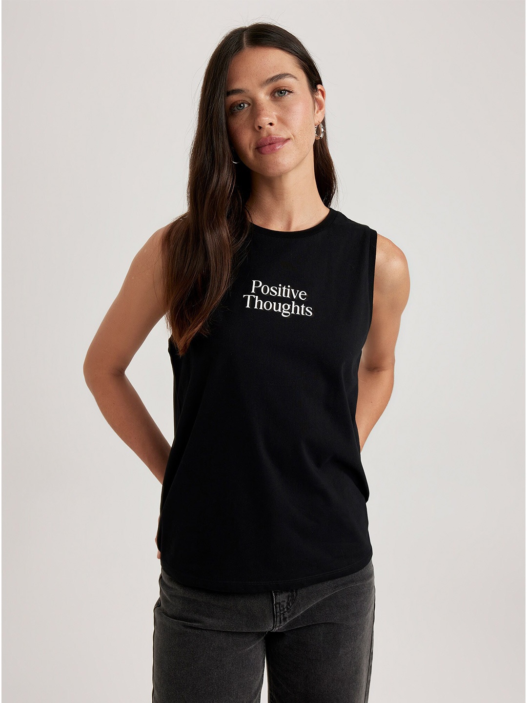 

DeFacto Typography Printed Cotton Top, Black