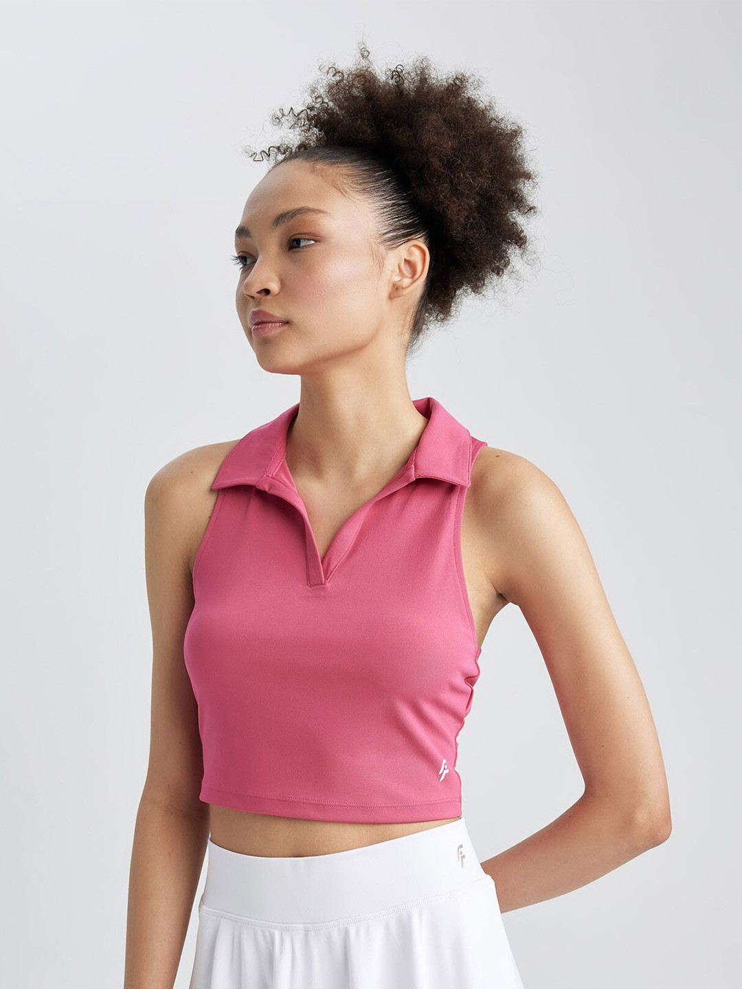 

DeFacto Polo Collar Fitted Crop Top, Pink
