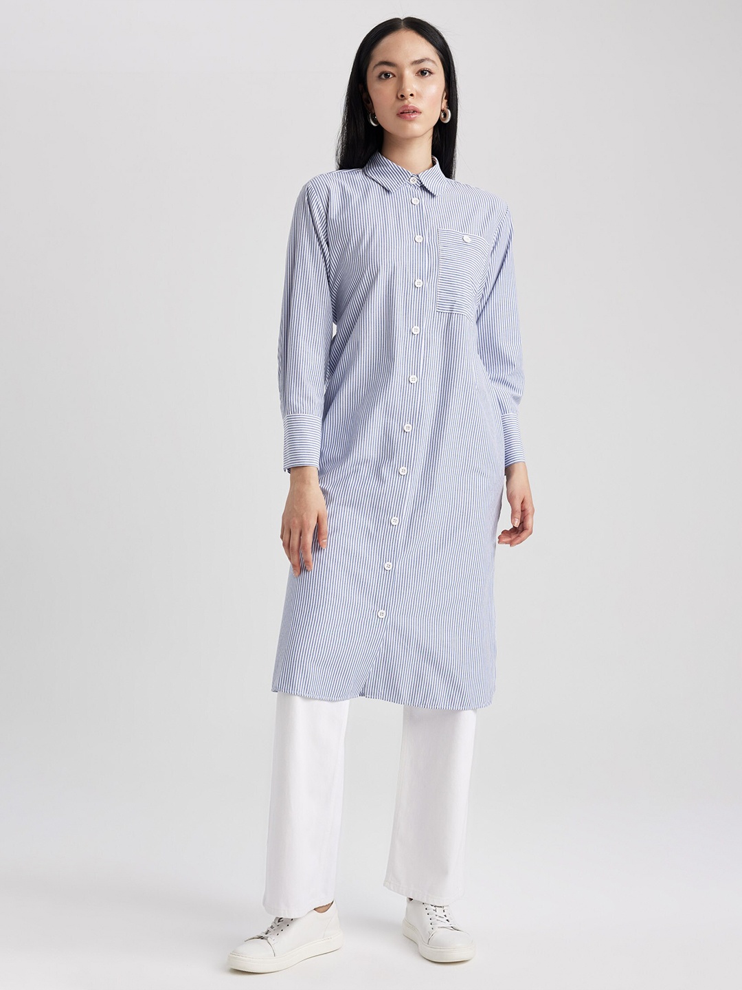 

DeFacto Striped Shirt Collar Tie-Ups Tunics, Blue