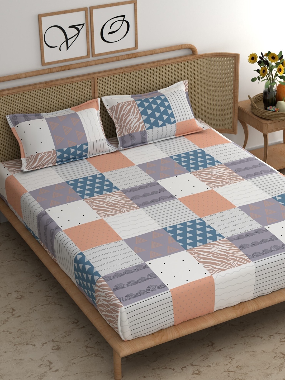 

CHHAVI INDIA White & Orange Geometric Polycotton 180 TC Queen Bedsheet & 2 Pillow Covers