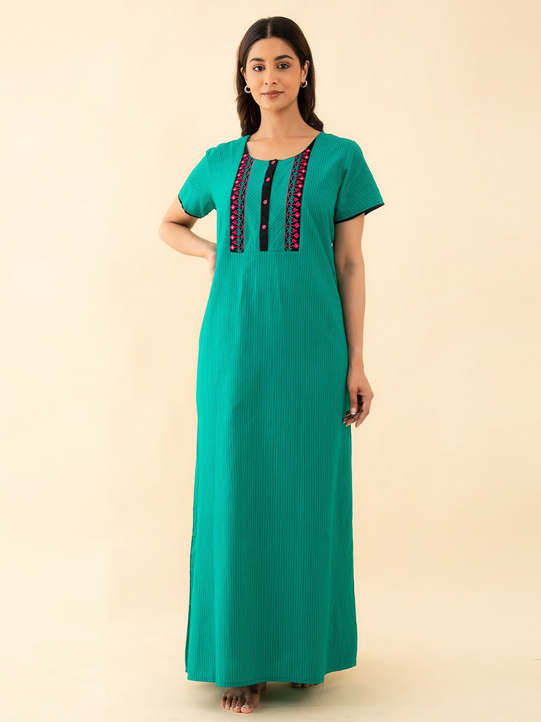 

Maybell Striped Pure Cotton Maxi Nightdress, Green
