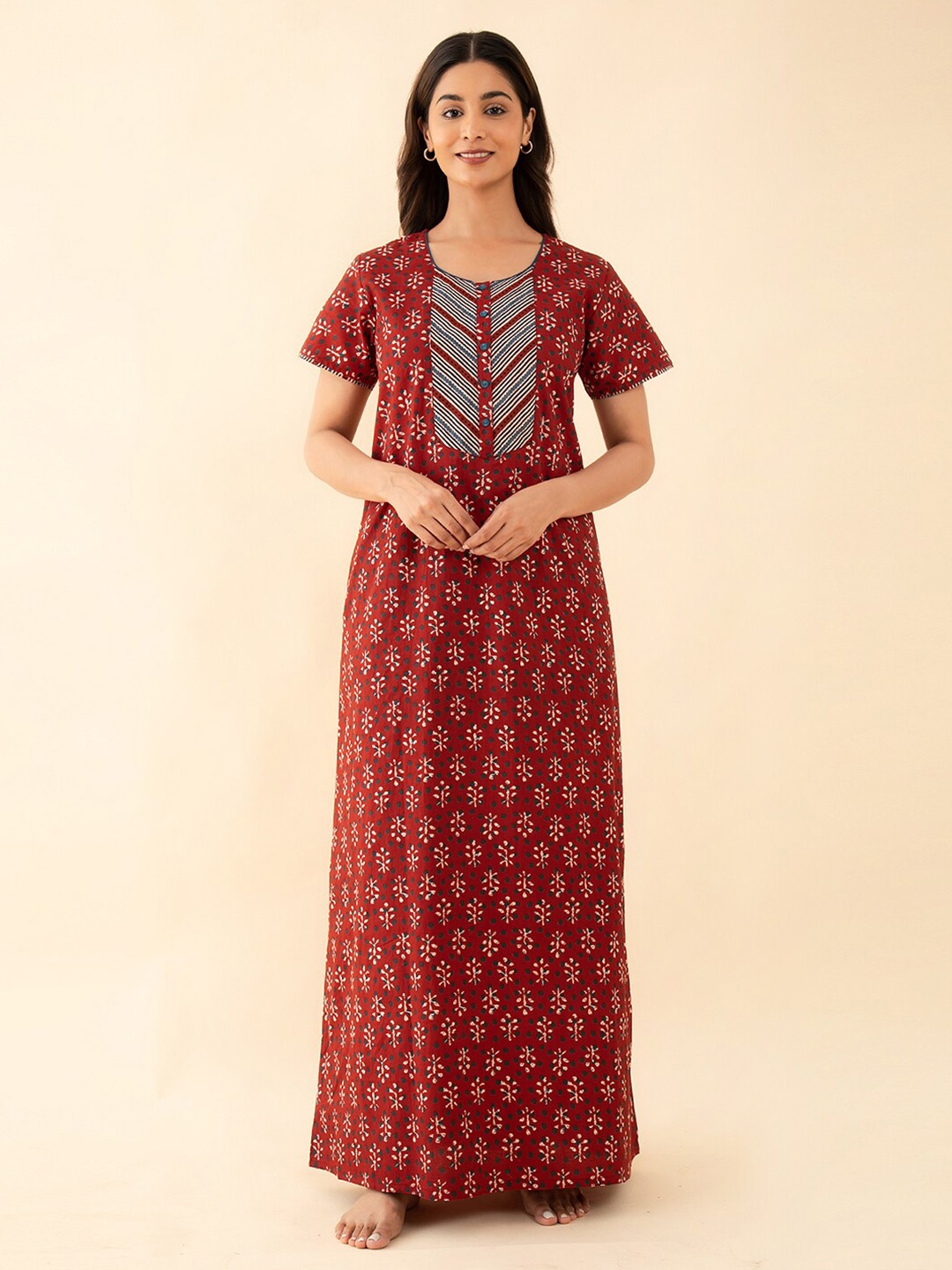 

Maybell Ethnic Motif Printed Pure Cotton Maxi Nightdress, Red