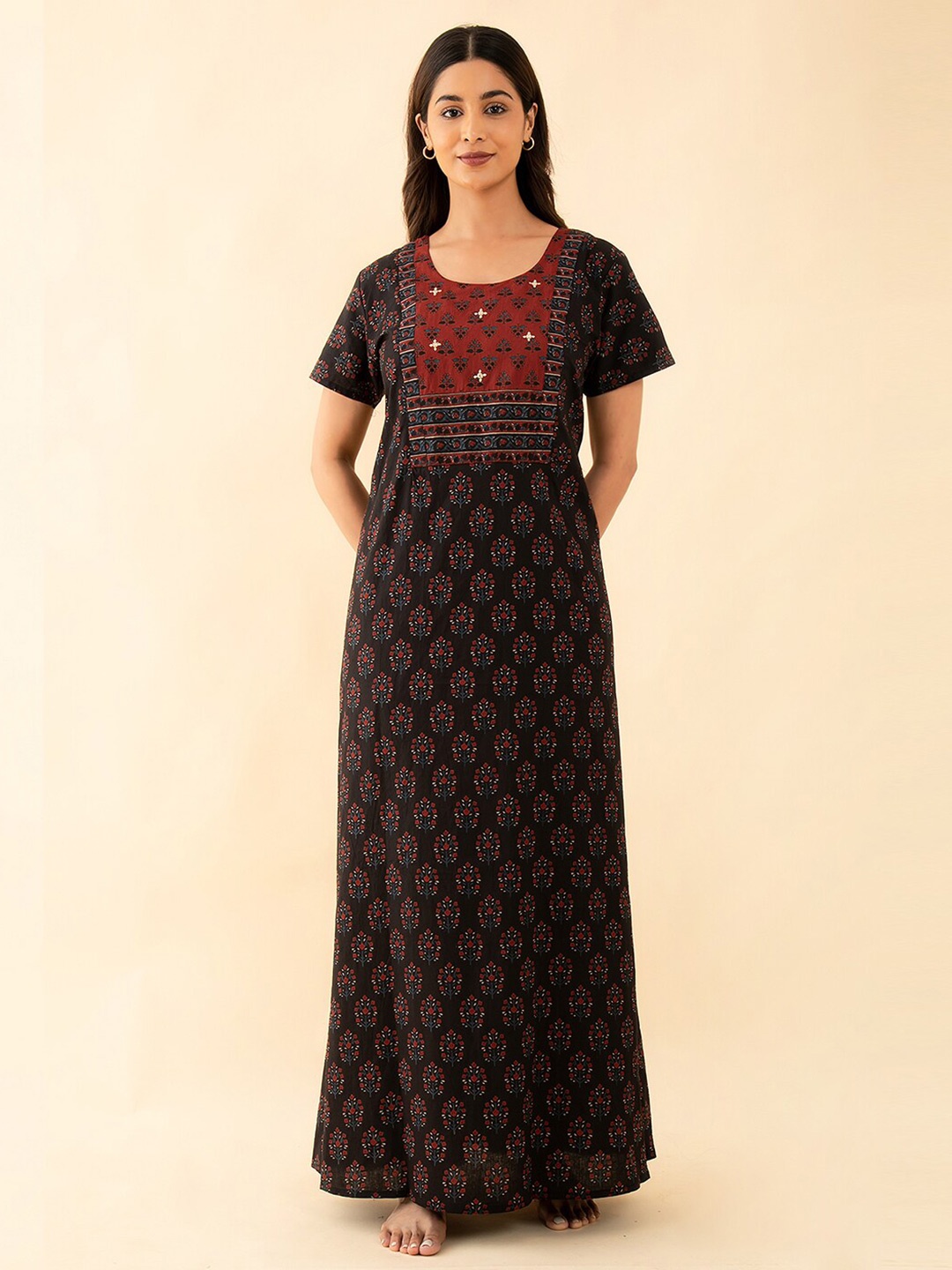 

Maybell Floral Printed Maxi Pure Cotton Nightdress, Black