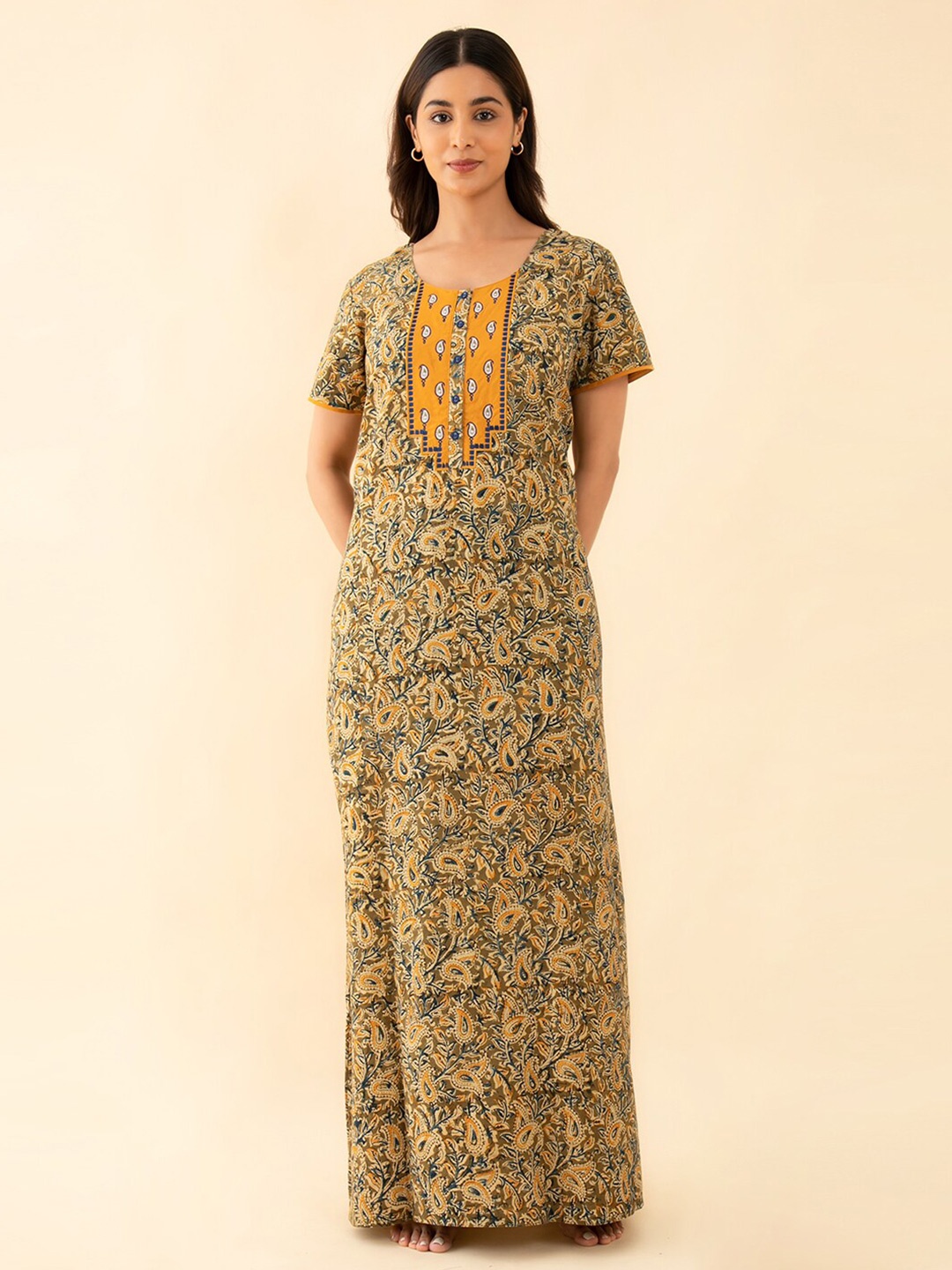 

Maybell Paisley Printed Maxi Pure Cotton Nightdress, Green