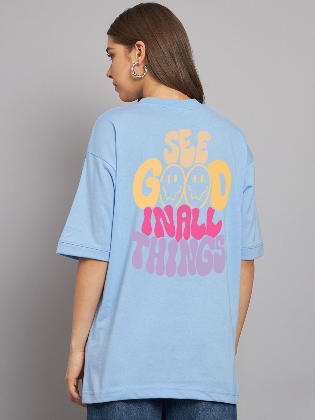 

Imsa Moda Women Typography Printed Oversized Cotton T-shirt, Blue