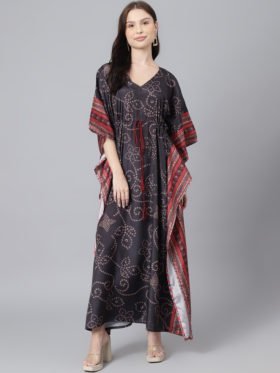 

KALINI Ethnic Motif Printed Kimono Sleeves Kaftan Maxi Dress, Black