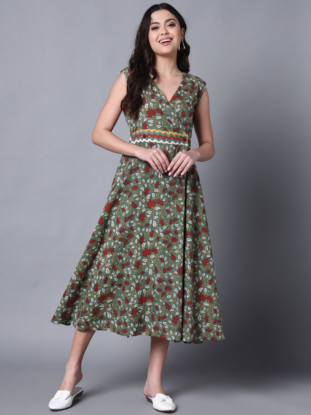 

KALINI Floral Printed V-Neck Midi Wrap Dress, Olive