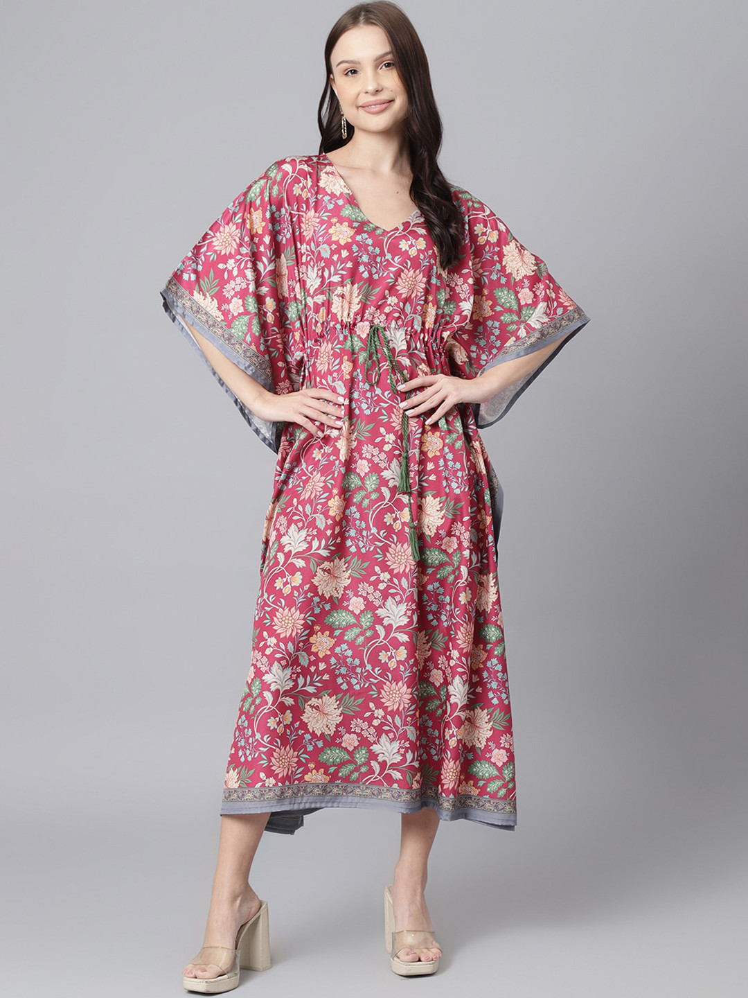 

KALINI Floral Printed Kimono Sleeves Tie Ups Kaftan Midi Dress, Magenta