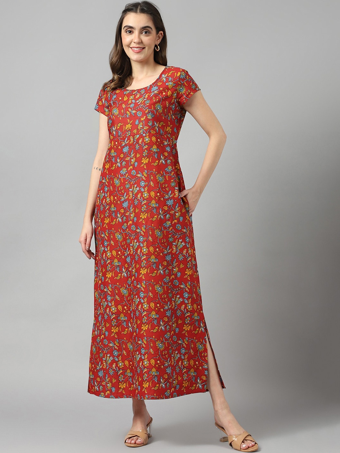 

KALINI Floral Printed Tie Ups Cotton Maxi Dress, Maroon