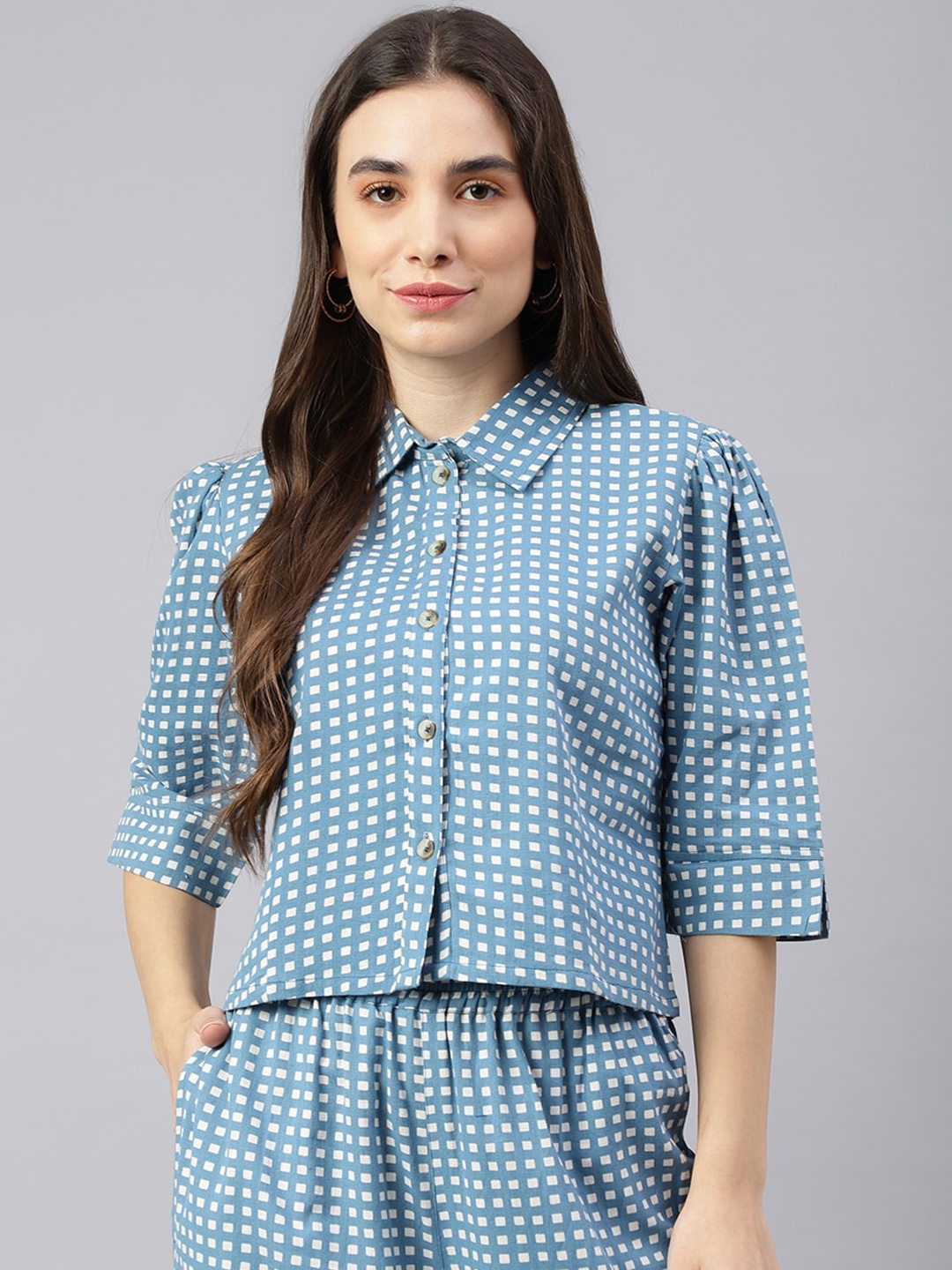 

KALINI Checked Shirt Collar Shirt & Trousers, Blue