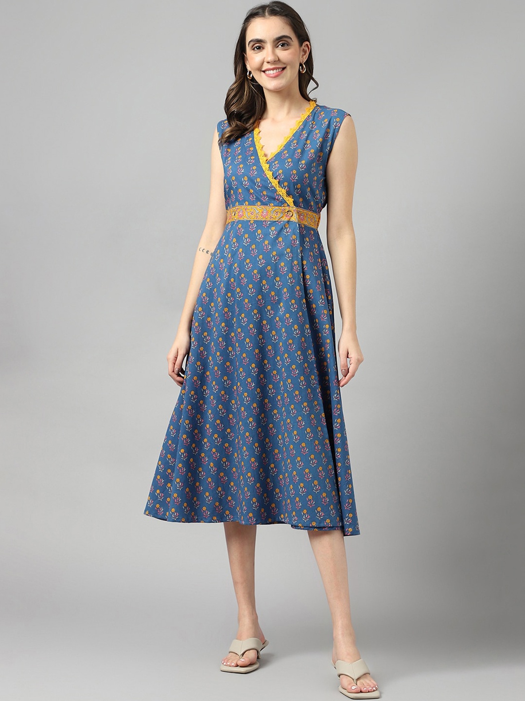 

KALINI Ethnic Motifs Printed Cotton Wrap Midi Dress, Blue