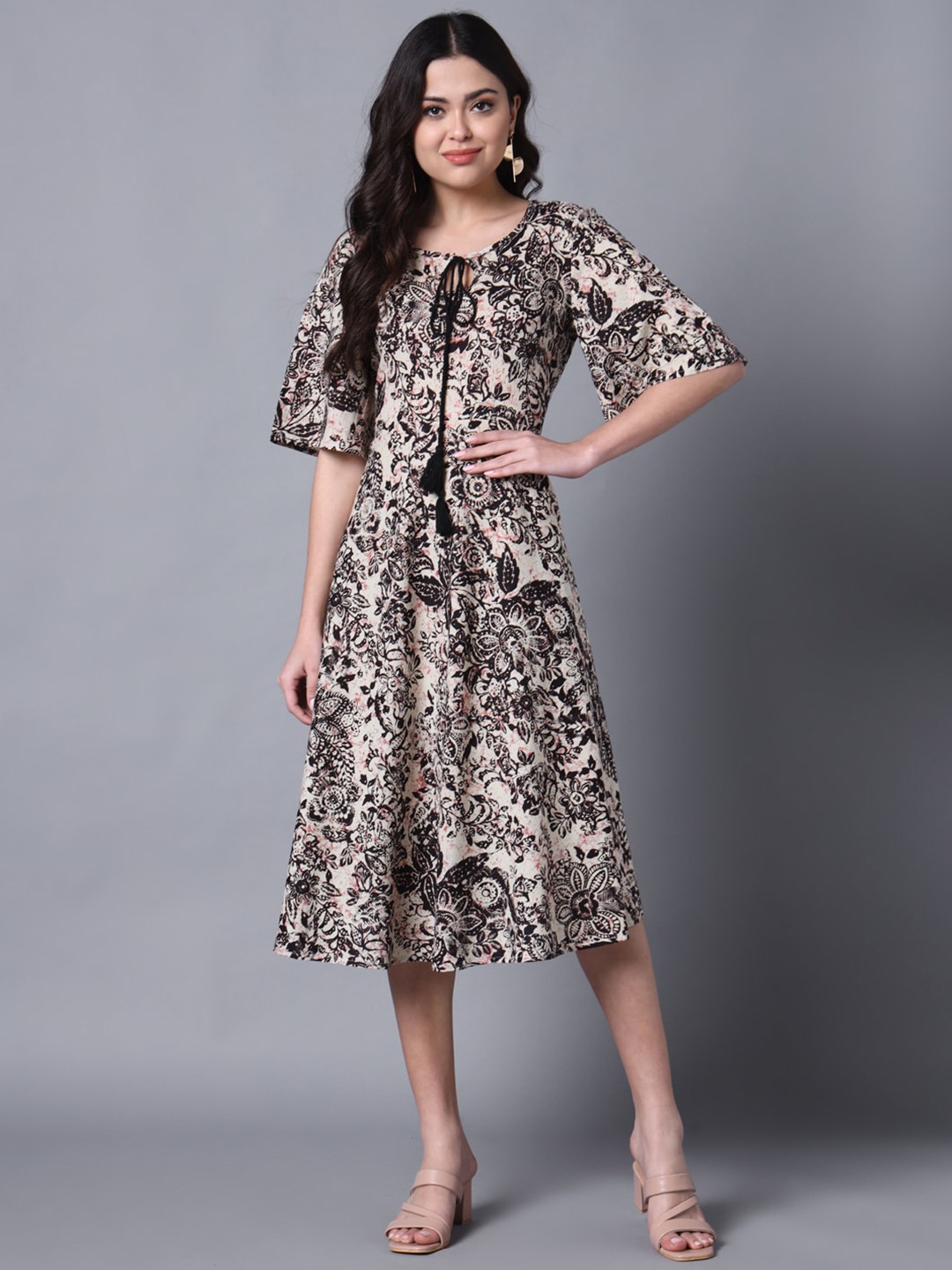 

KALINI Floral Printed Tie-Up Neck Flared Sleeve Cotton A-Line Midi Dress, Black
