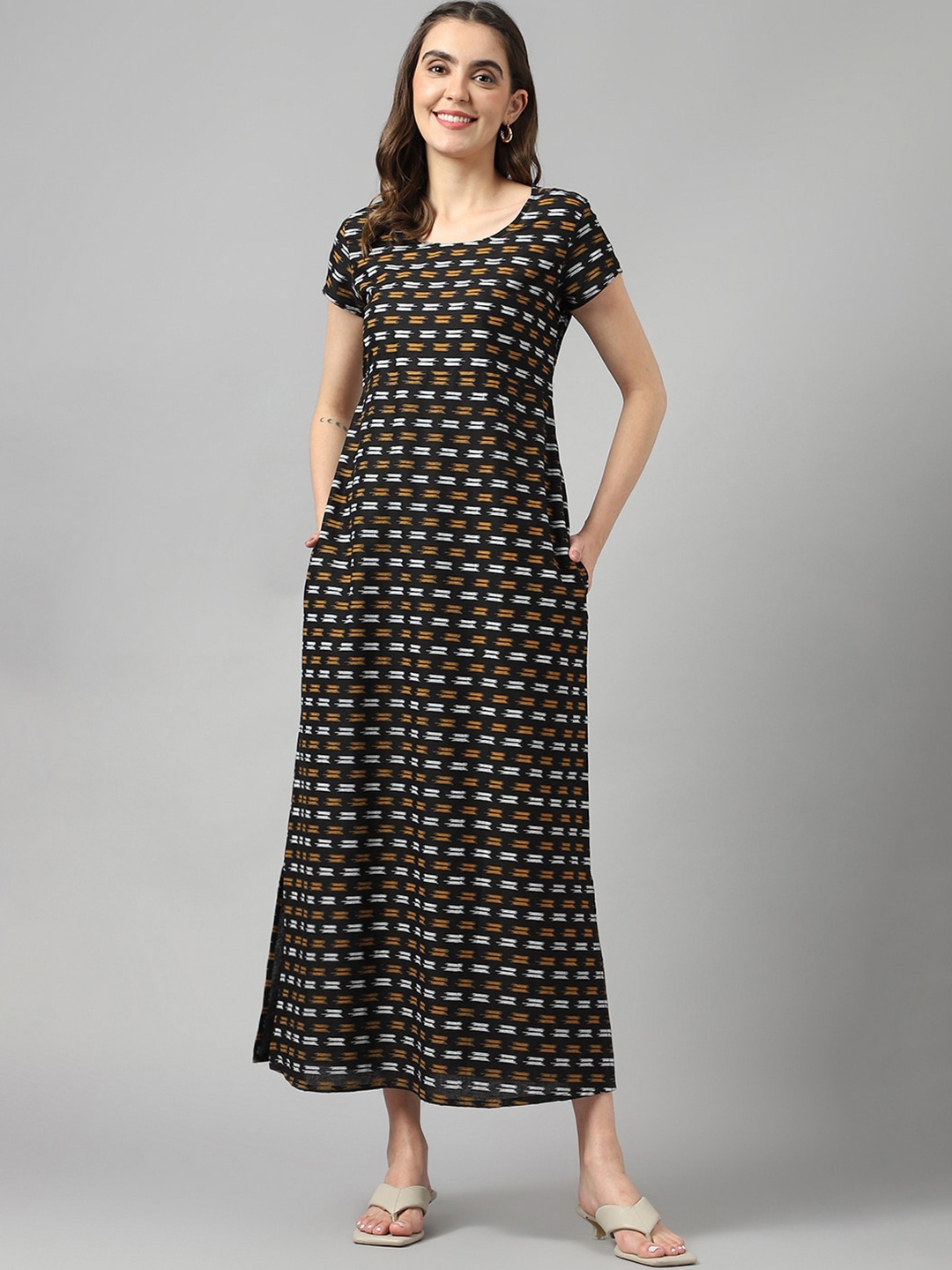 

KALINI Ethnic Motifs Printed Tie Ups Cotton Maxi Dress, Black
