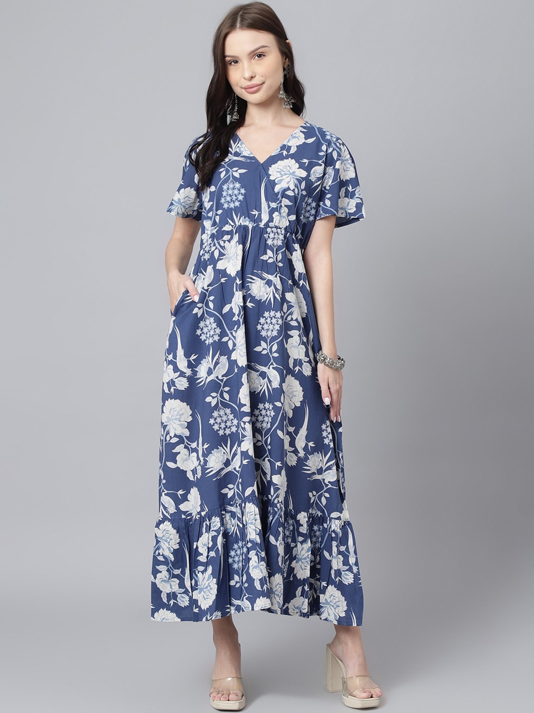 

KALINI Floral Printed V-Neck Cotton Maxi Dress, Blue