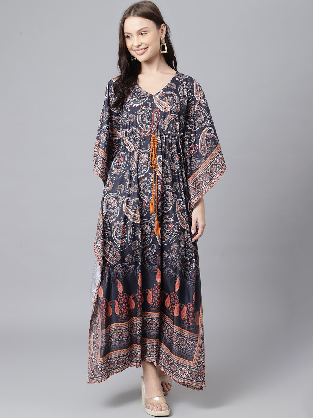 

KALINI Ethnic Motifs Printed Kimono Sleeves Tie Ups Kaftan Dress, Grey