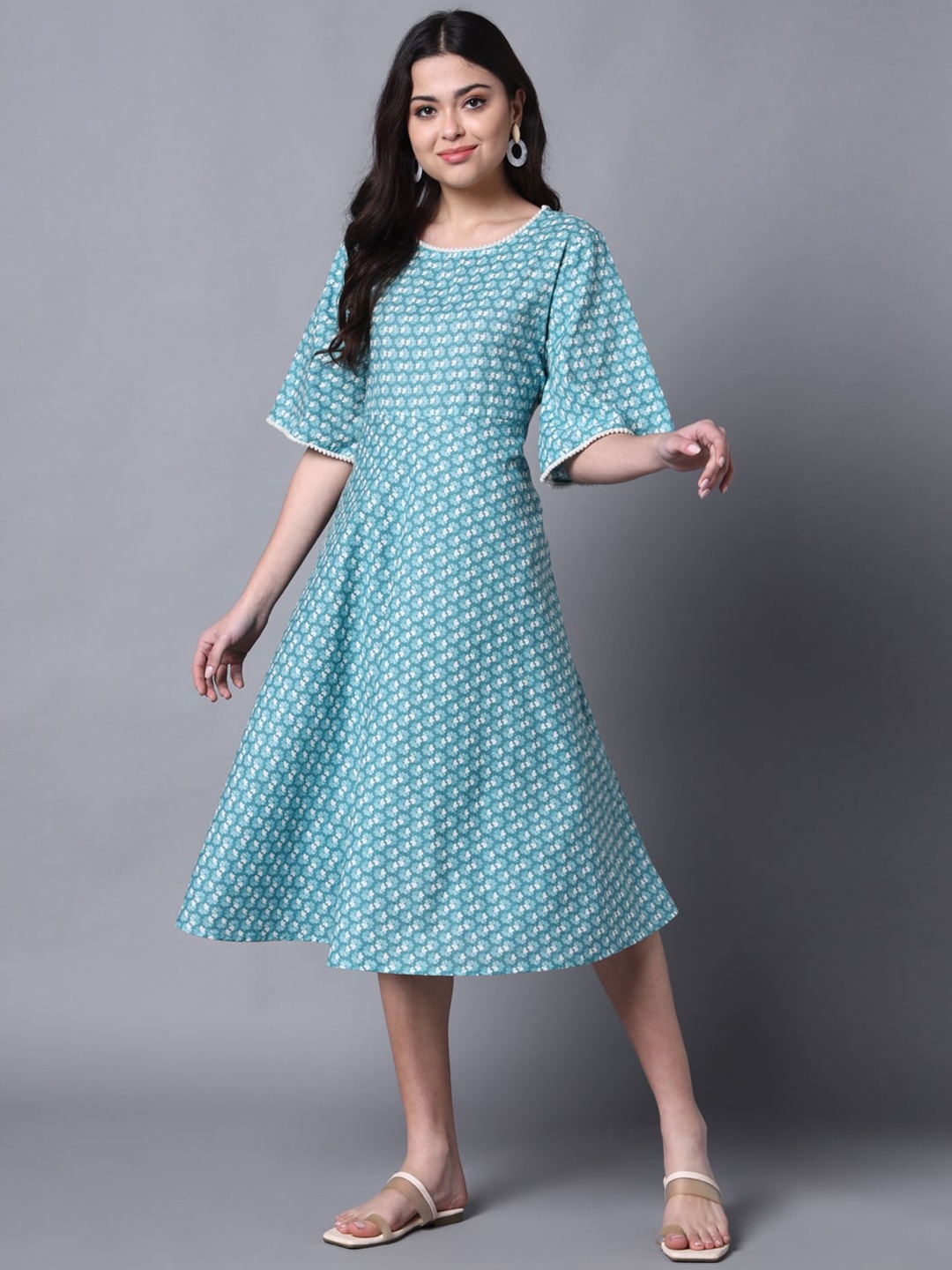 

KALINI Floral Printed Bell Sleeve Cotton A-Line Midi Dress, Blue