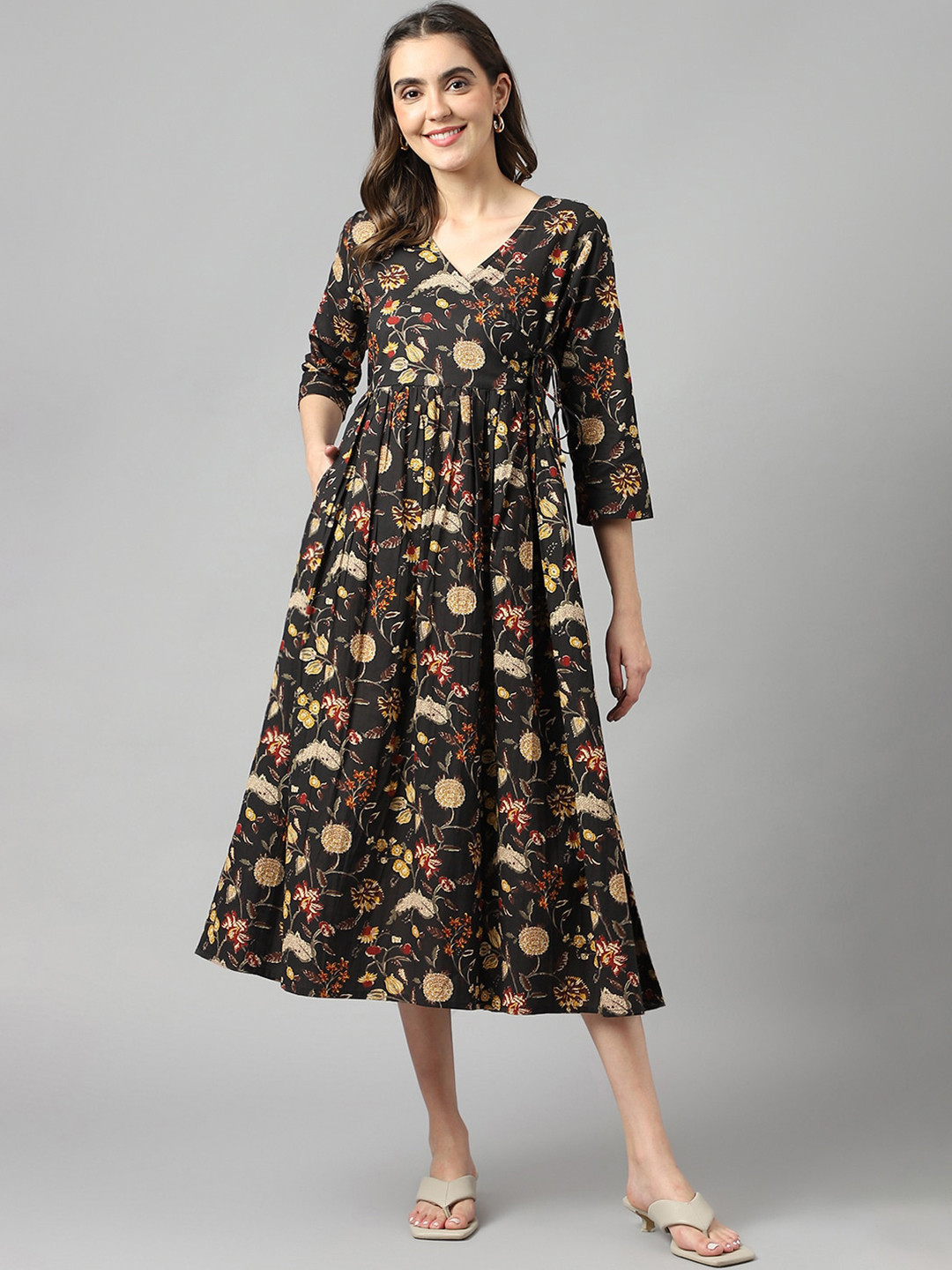 

KALINI Floral Printed V-Neck Tie-Up Cotton A-Line Midi Dress, Black