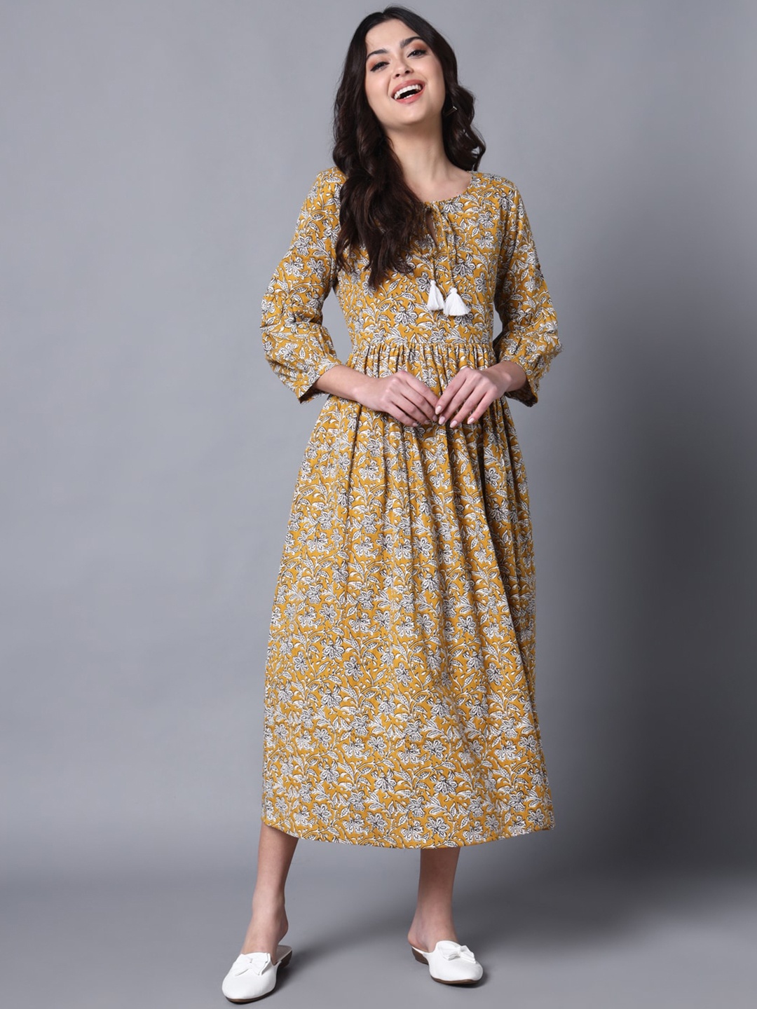 

KALINI Floral Printed Tie Up Neck Gathered Detail Cotton Fit & Flare Midi Dress, Mustard