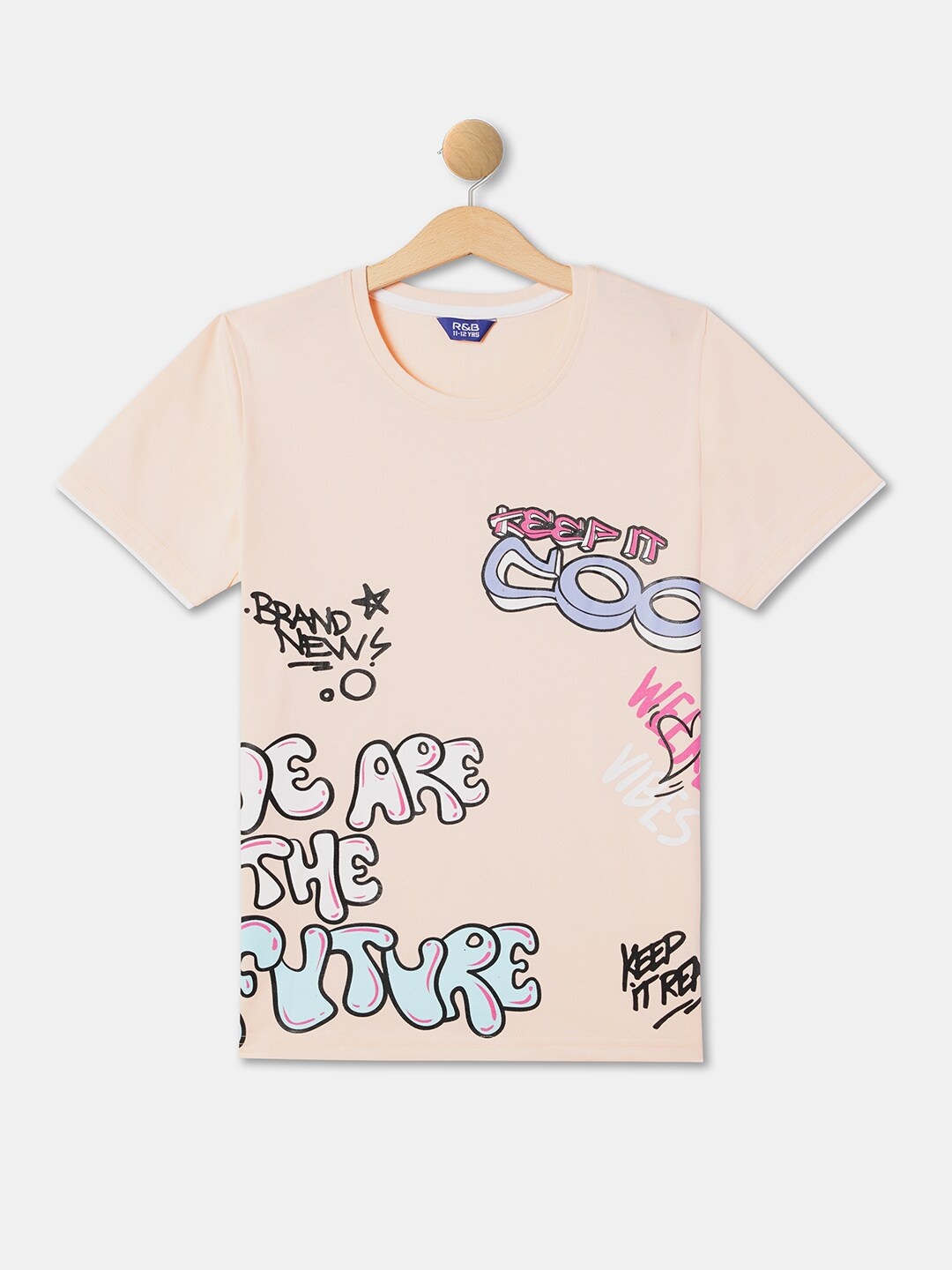 

R&B Boys Graphic Printed Cotton T-shirt, Peach