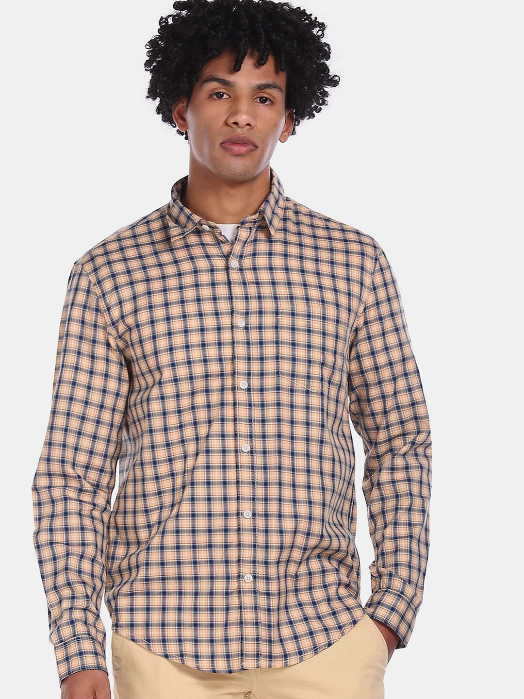 

V-Mart Spread Collar Checked Regular Fit Cotton Casual Shirt, Orange