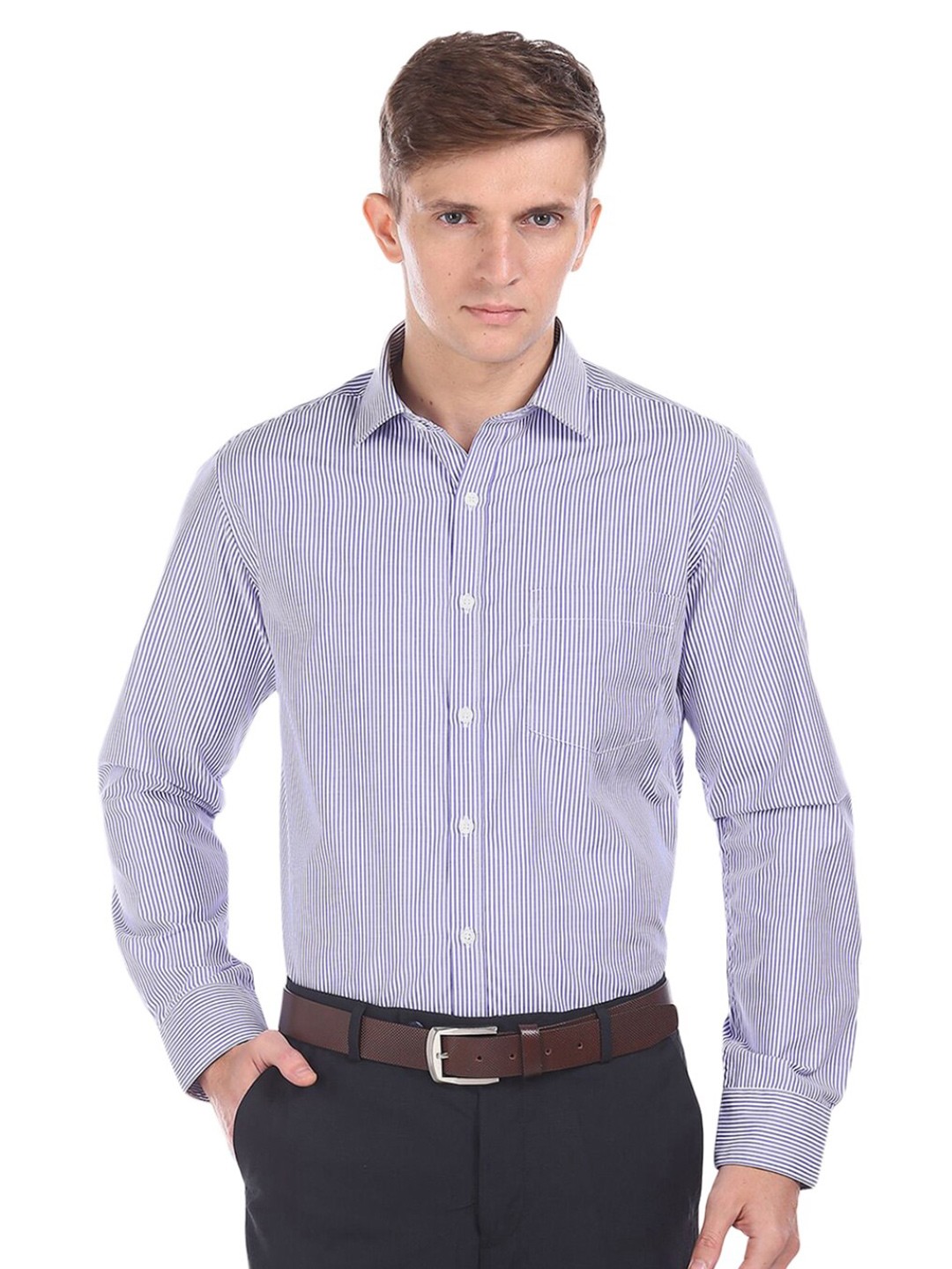 

V-Mart Striped Cotton Classic Spread Collar Formal Shirt, Blue