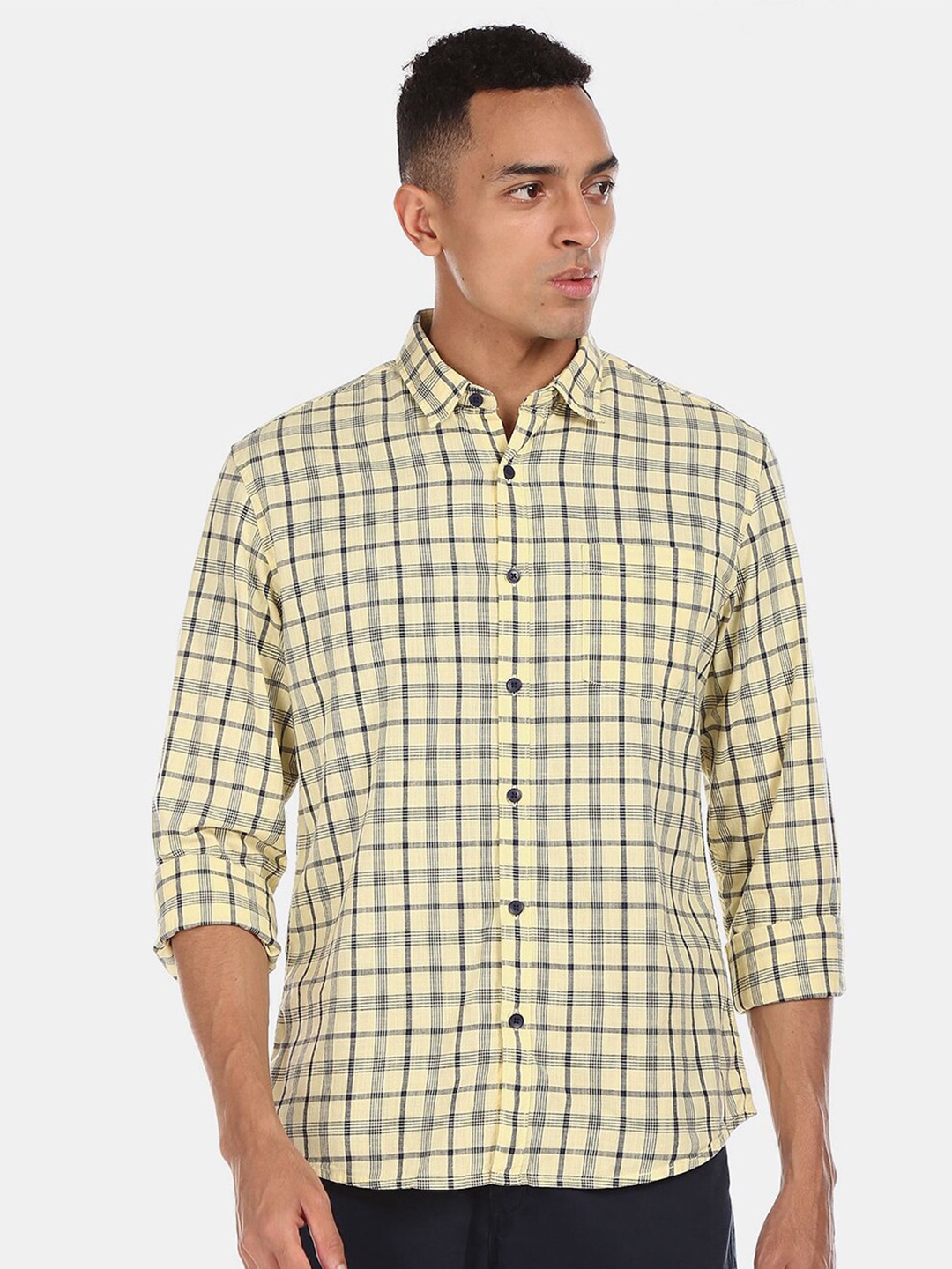 

V-Mart Spread Collar Checked Regular Fit Cotton Casual Shirt, Yellow