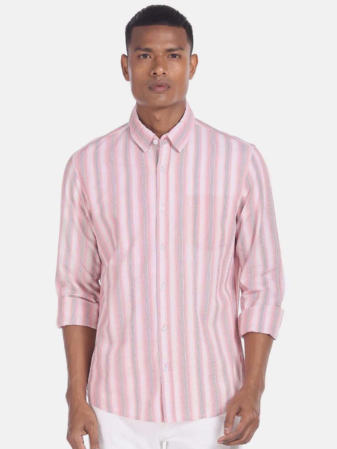 

V-Mart Striped Cotton Classic Spread Collar Casual Shirt, Pink
