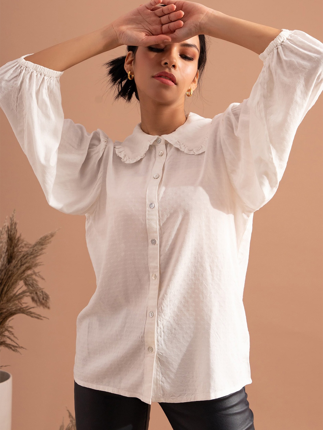 

B.Copenhagen Self Design Peter Pan Collar Puff Sleeves Shirt Style Top, White