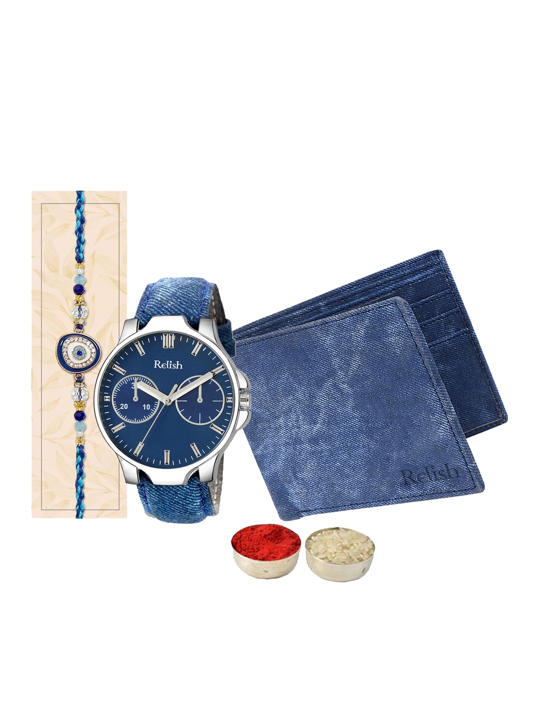 

Relish Men Set Of 3 Rakhi Gift Set With Wallet & Watch, Blue