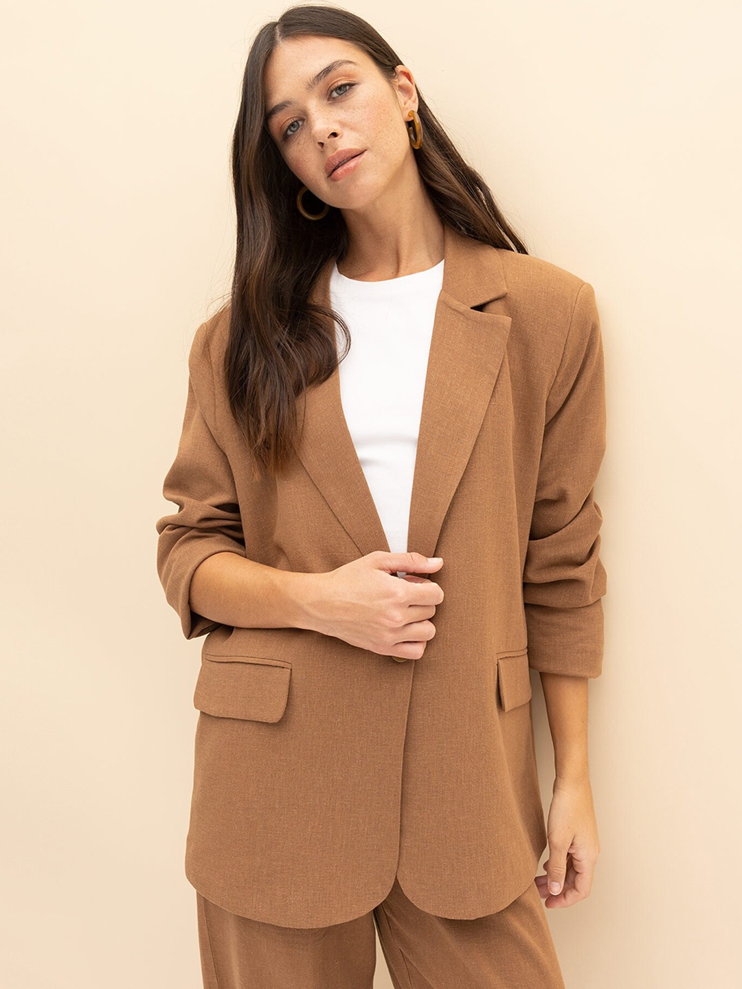 

DeFacto Single-Breasted Casual Blazer, Brown