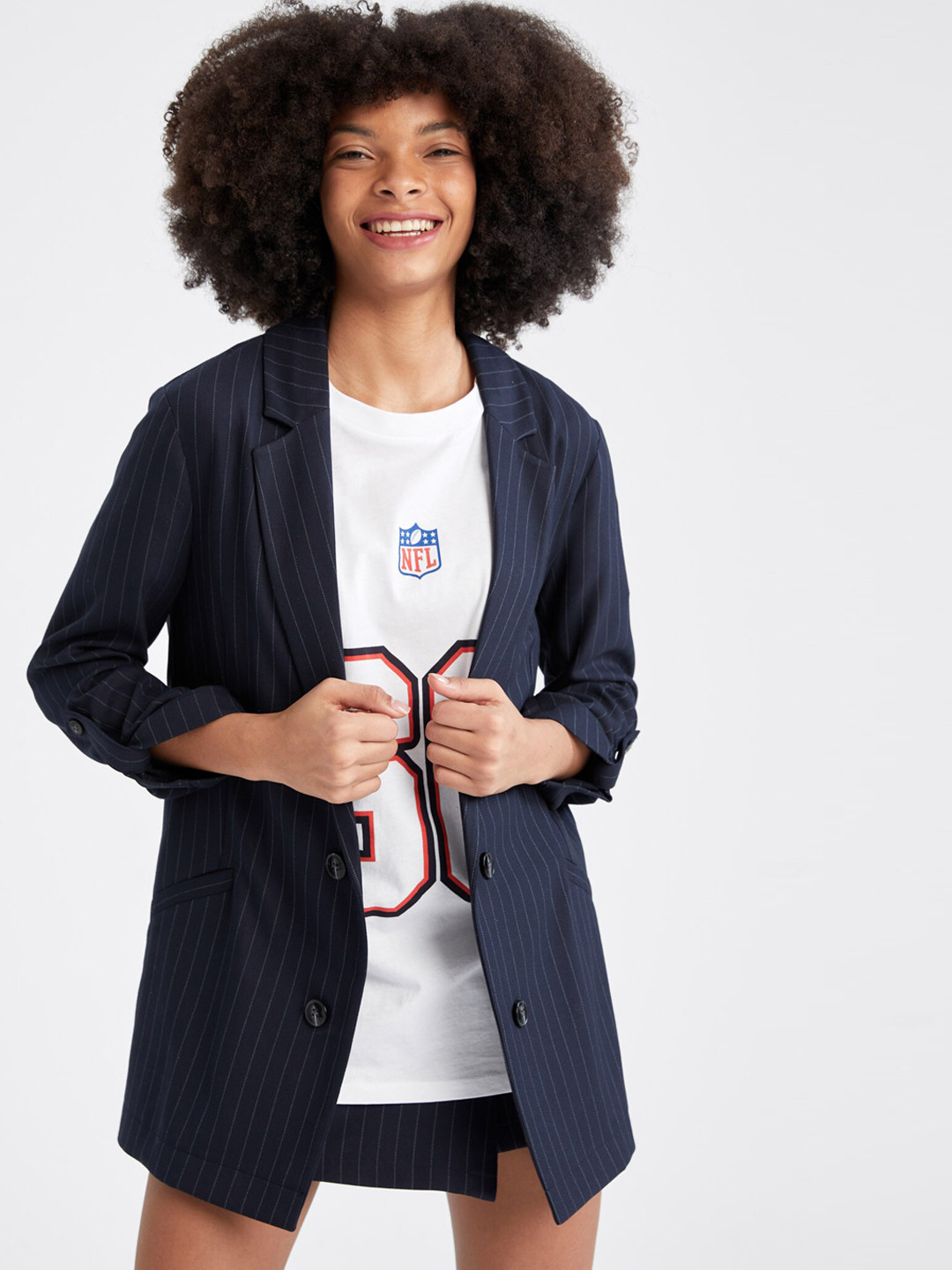

DeFacto Striped Front Open Blazer, Navy blue