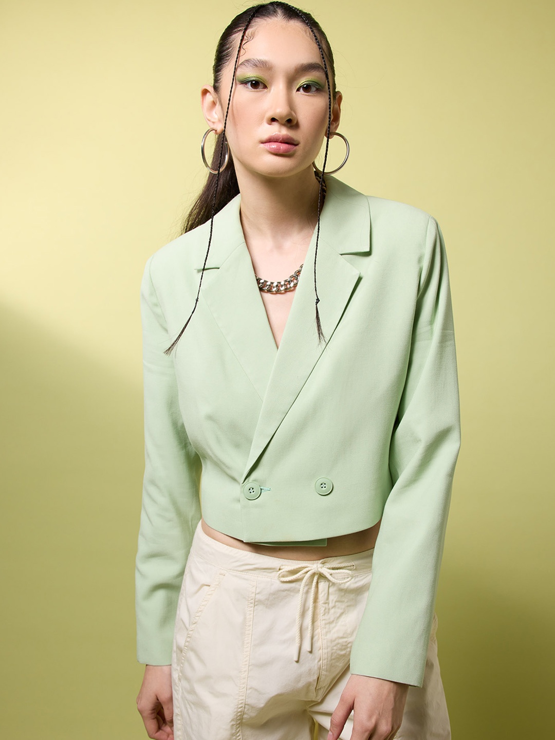 

DeFacto Double-Breasted Crop Casual Blazer, Green