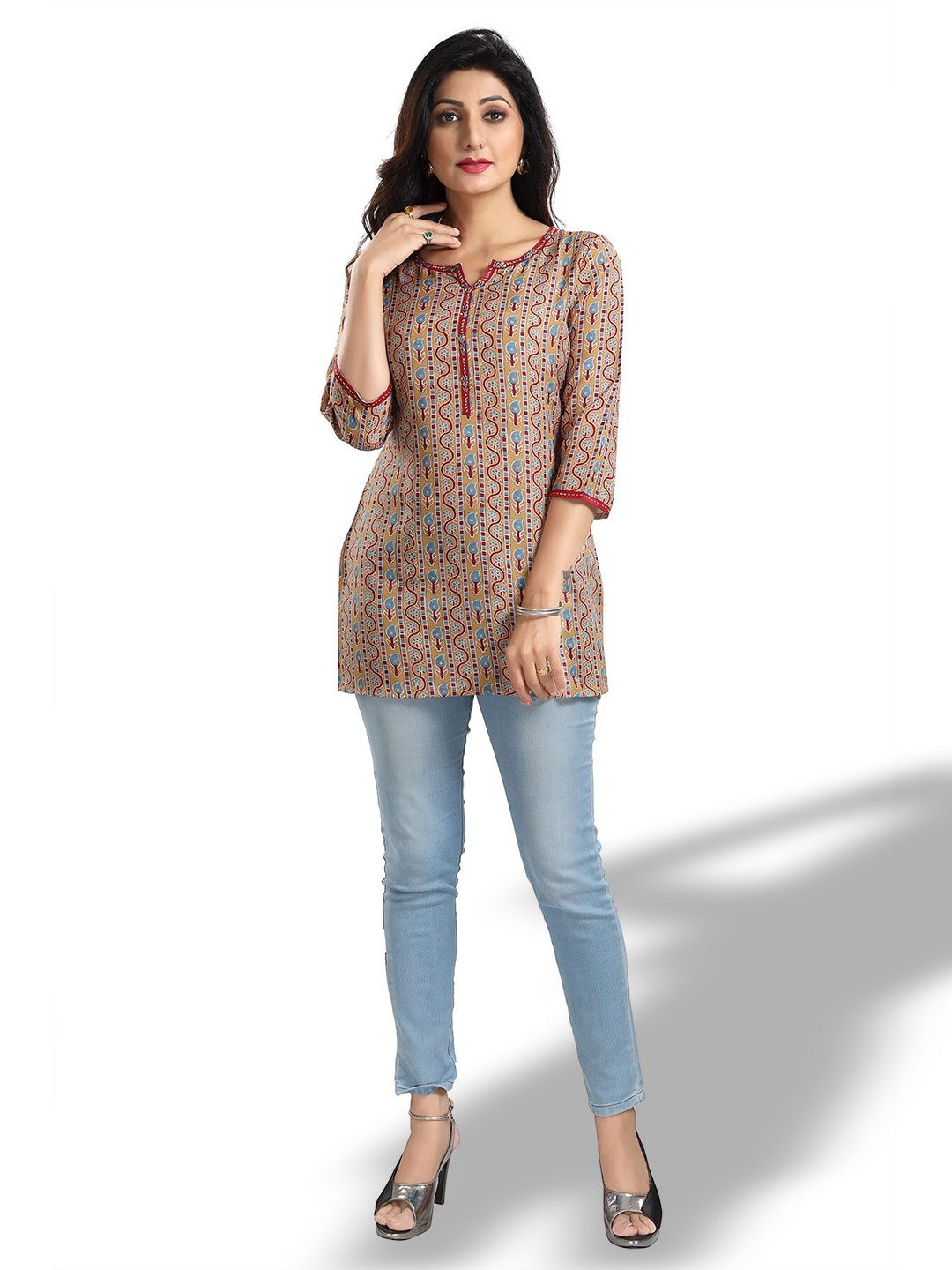 

keshubaba Ethnic Motifs Printed Notched Neck Tunic, Brown