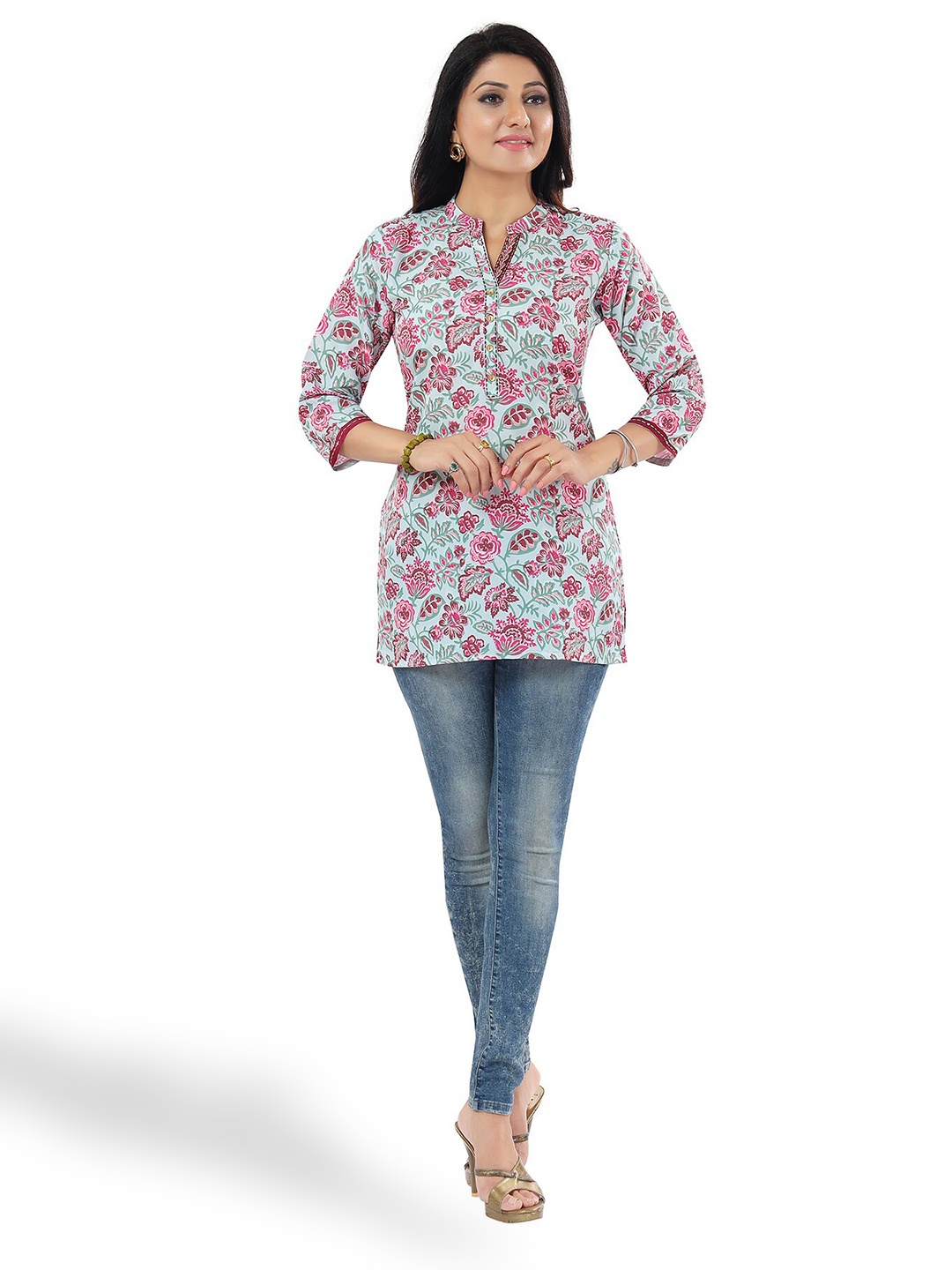 

keshubaba Floral Printed Mandarin Collar Tunic, Blue