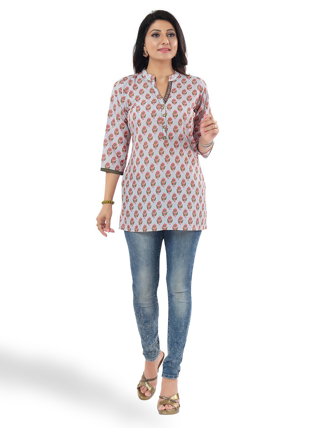

keshubaba Mandarin Collar Ethnic Motifs Print Thread Work Tunic, Grey