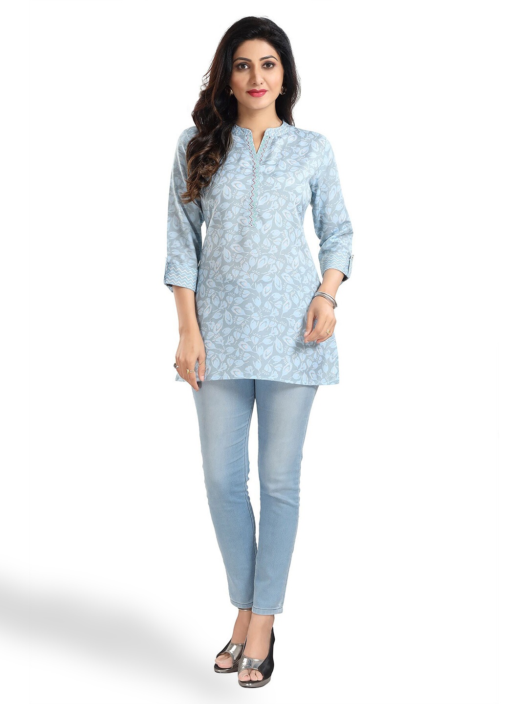 

keshubaba Floral Printed Mandarin Collar Tunic, Blue