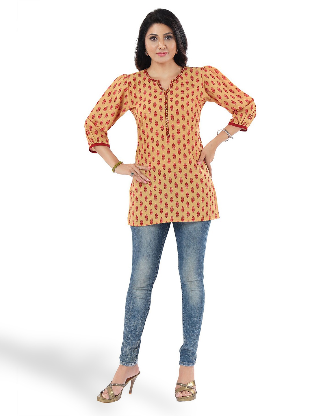 

keshubaba Ethnic Motifs Printed Tunic, Mustard