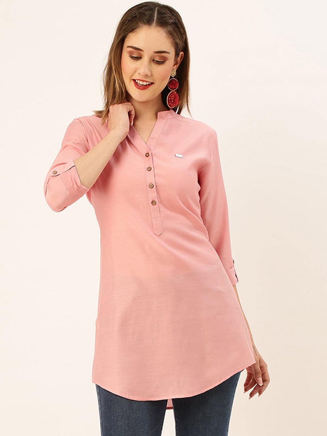

ODETTE Mandarin Collar Straight Kurti, Pink