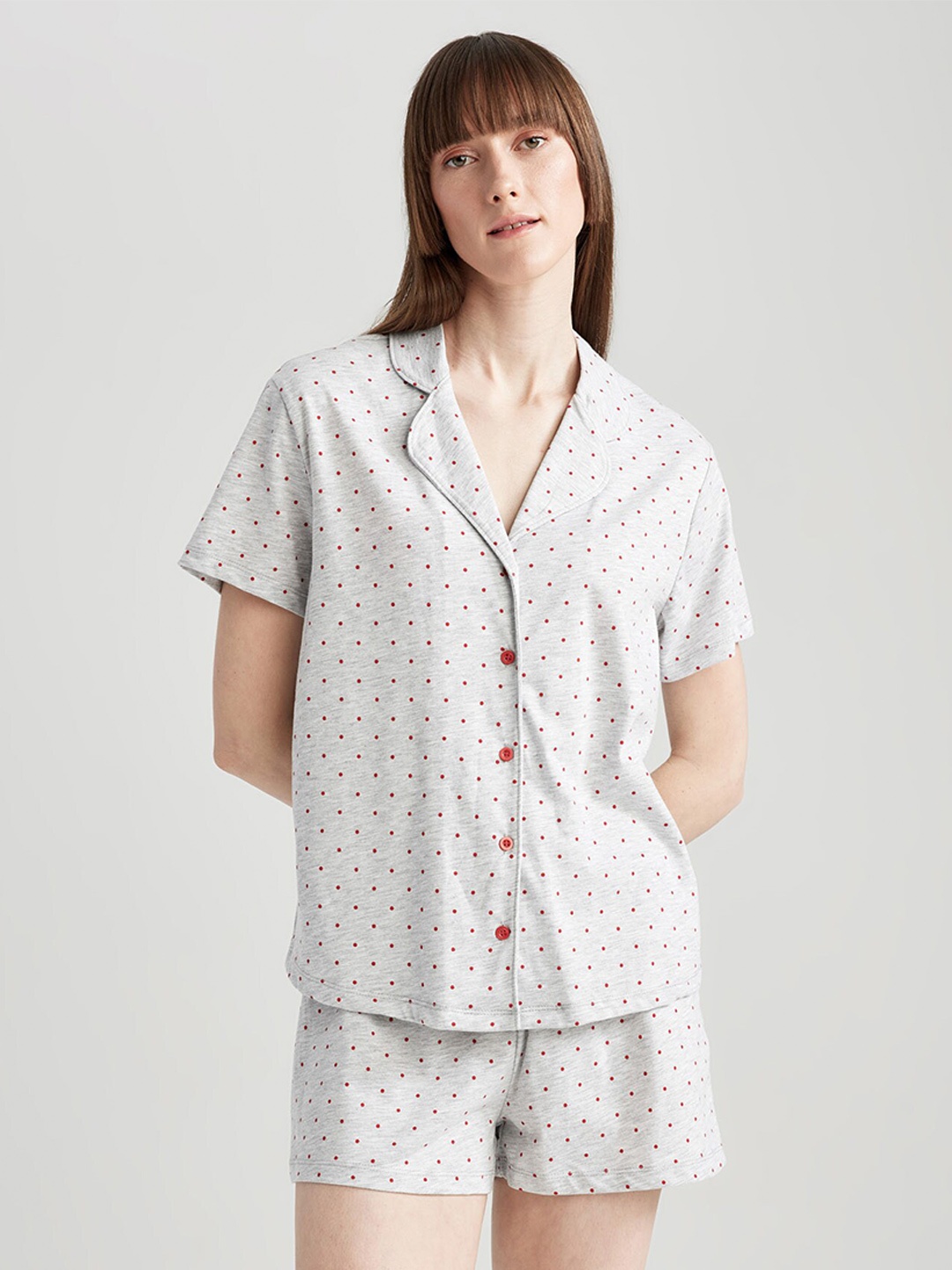 

DeFacto Polka Dot Printed Shirt And Shorts Night Suit, Grey melange
