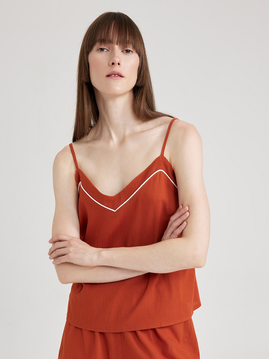 

DeFacto Women Pure Cotton Top & Shorts With Taping Detail, Rust