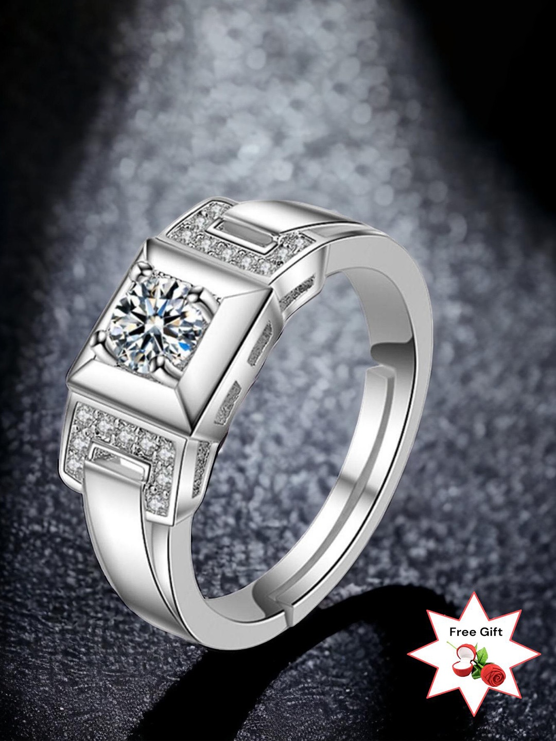 

MYKI Men Silver-Plated CZ Studded Adjustable Finger Ring