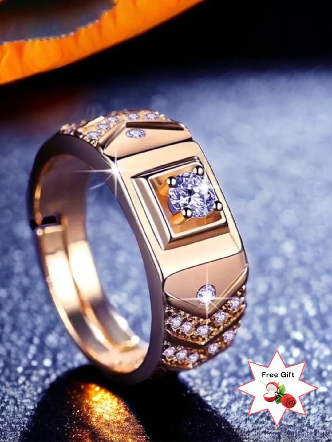 

MYKI Men Rose Gold-Plated CZ Studded Adjustable Finger Ring