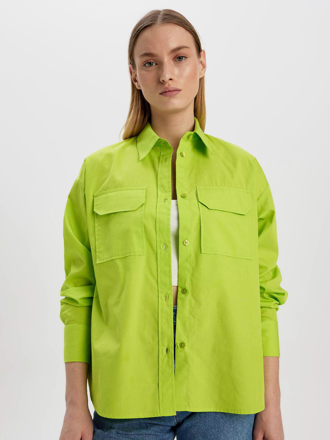 

DeFacto Spread Collar Pure Cotton Casual Shirt, Green