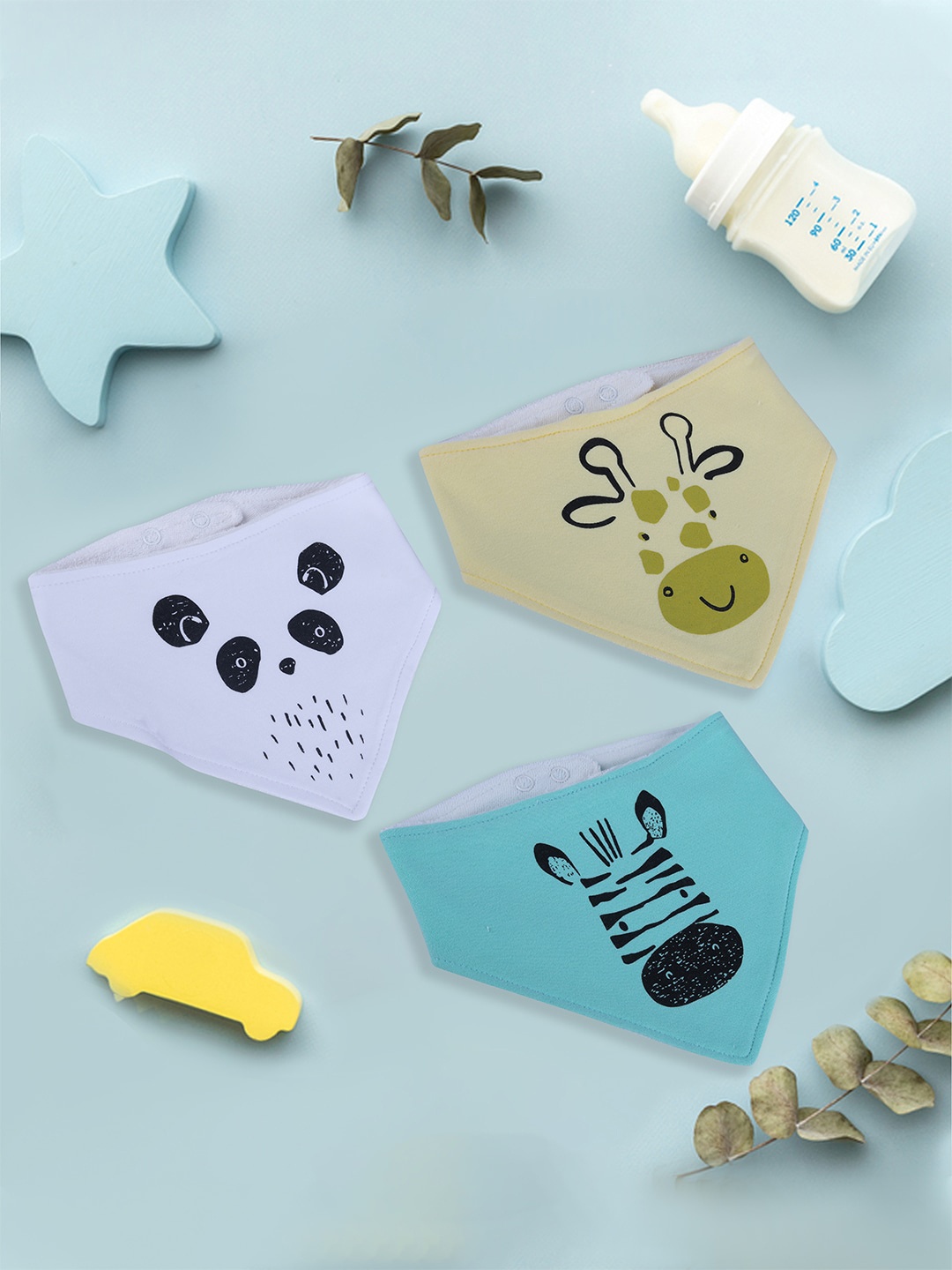 

Baby Moo Infants Pack Of 3 Printed Cotton Bibs, Turquoise blue