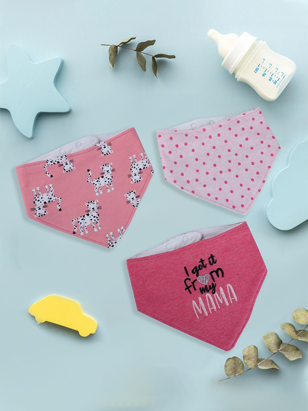 

Baby Moo Infants Kids Pack Of 3 Printed Lightweight Cotton Bibs, Pink