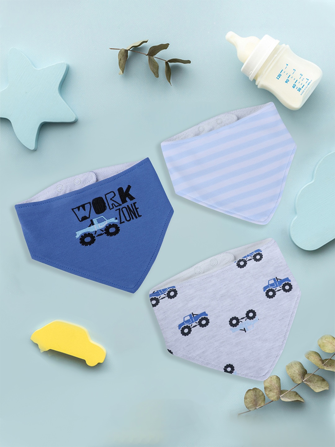 

Baby Moo Infants Kids Pack Of 3 Printed Lightweight Cotton Bibs, Blue