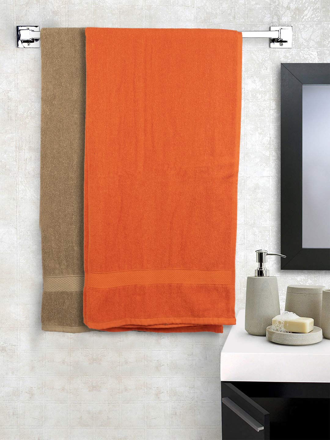 

SWHF Beige & Orange-Colored 2 Pieces 600 GSM Cotton Bath Towels