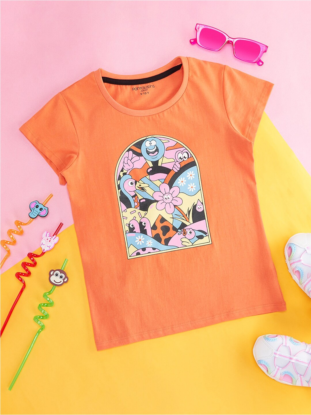 

Pantaloons Junior Girls Graphic Printed Round Neck Cotton T-shirt, Orange