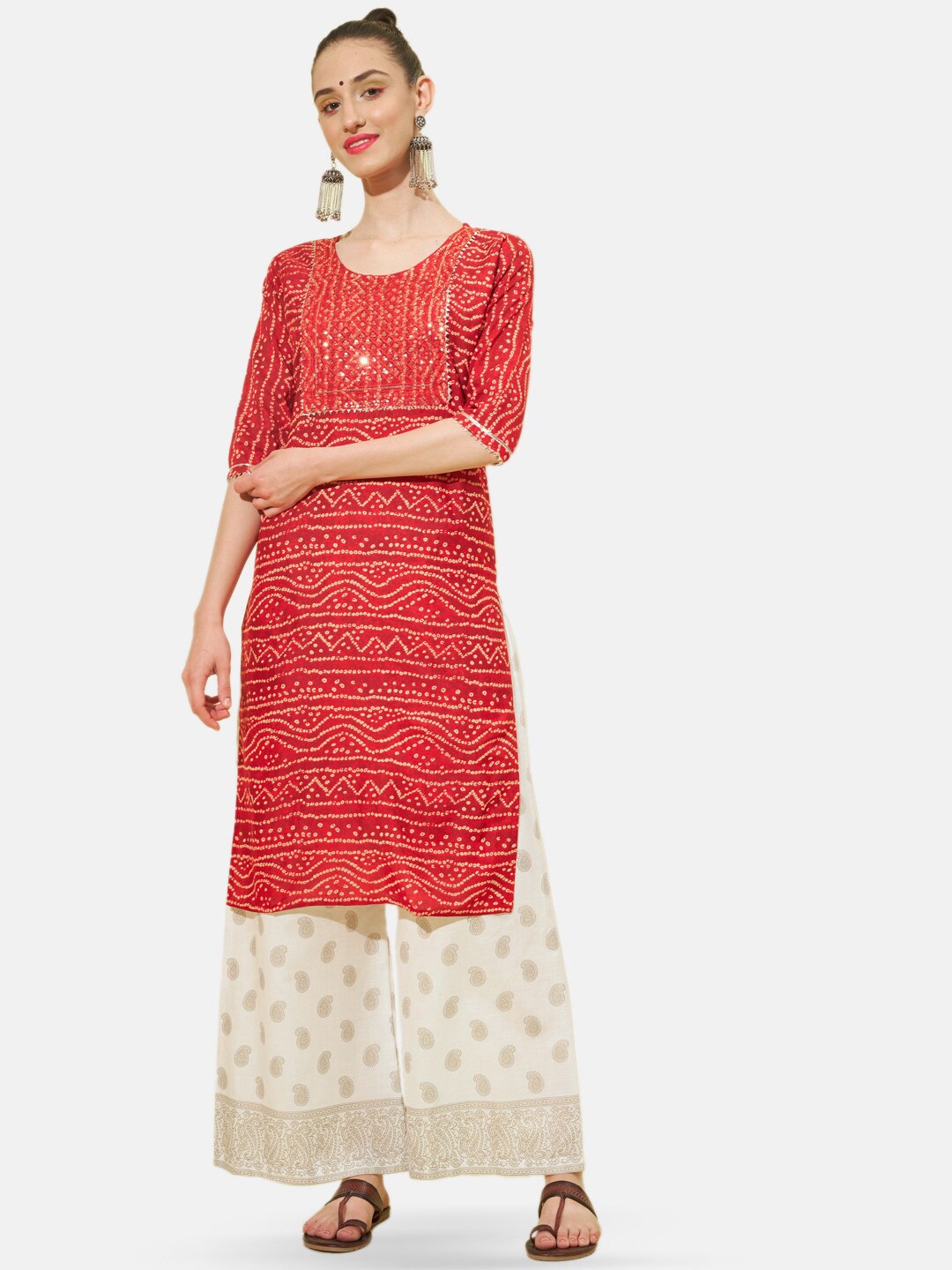 

BUY NEW TREND Bandhani Printed Thread Work Cotton Kurta, Red