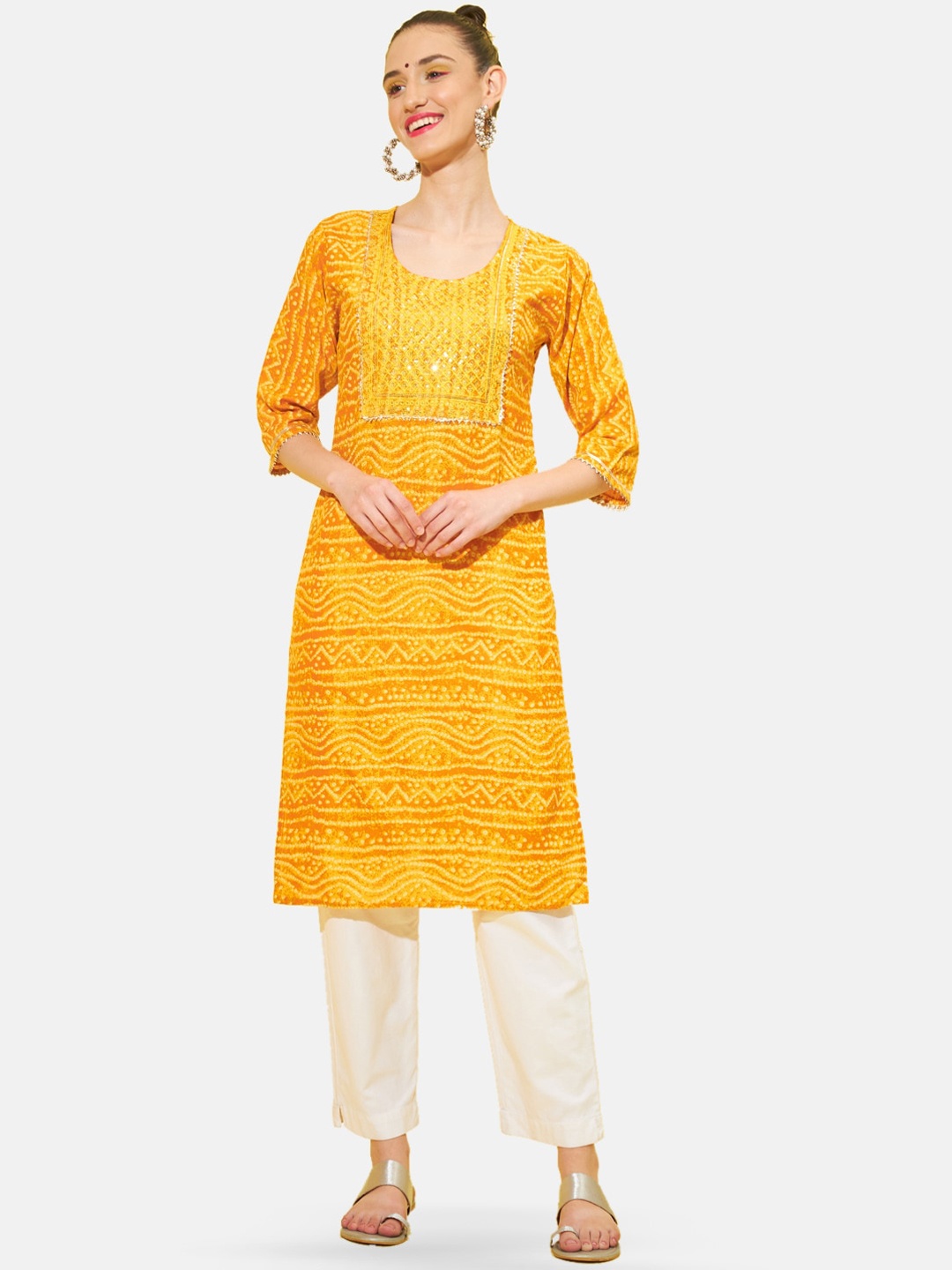 

BUY NEW TREND Bandhani Printed Thread Work Cotton Kurta, Yellow